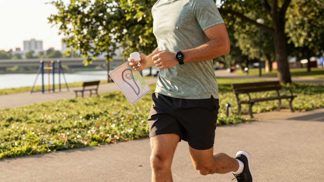 Man in sportswear running in park holding map and wireless earbuds case during daytime