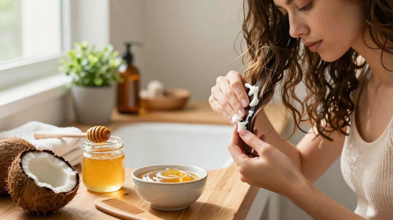 Woman applying cream to split ends of curly hair with honey and coconut on wooden surface nearby