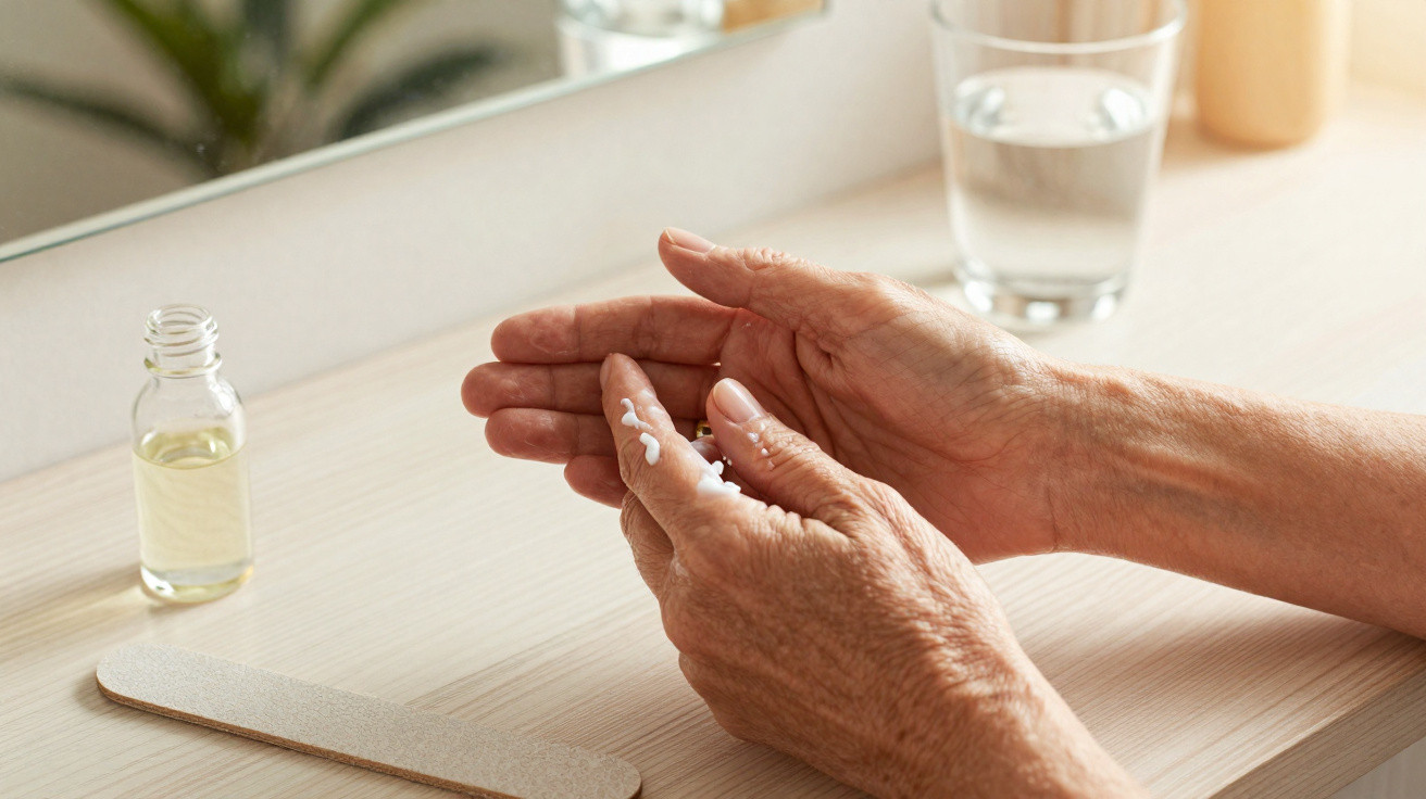 Elderly hands applying hand cream on a light wooden table with a nail file, essential oil bottle, and a glass of water.