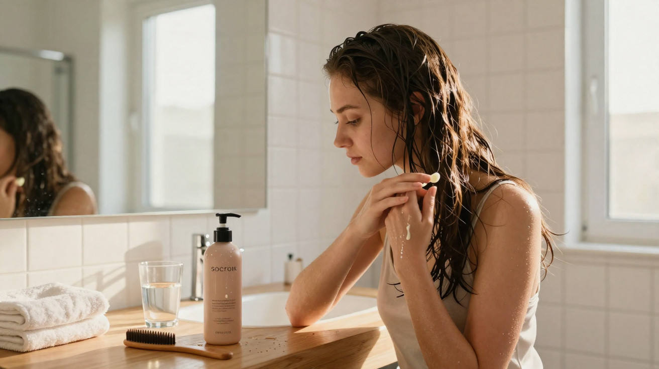 Young woman with wet hair applying skincare cream in a bright bathroom by a wooden sink with a mirror.