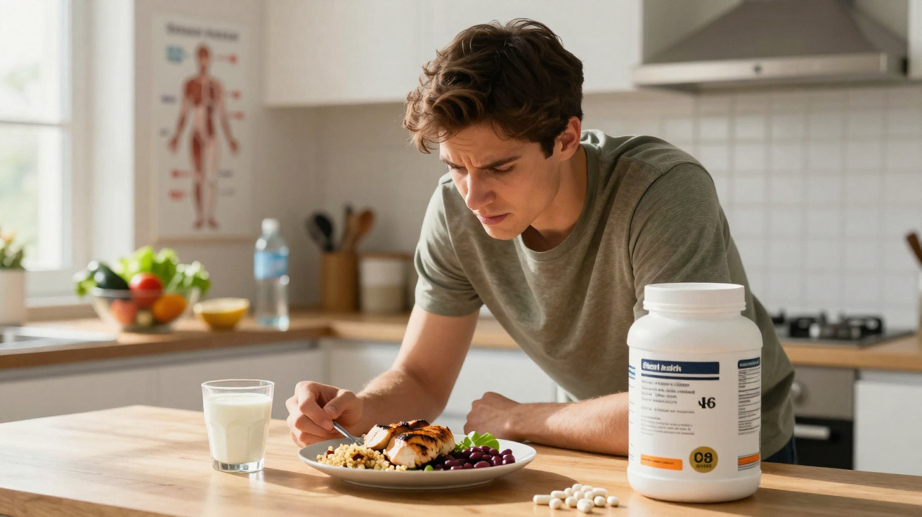 Young man in kitchen examining grilled chicken and salad on plate with protein powder and pills nearby