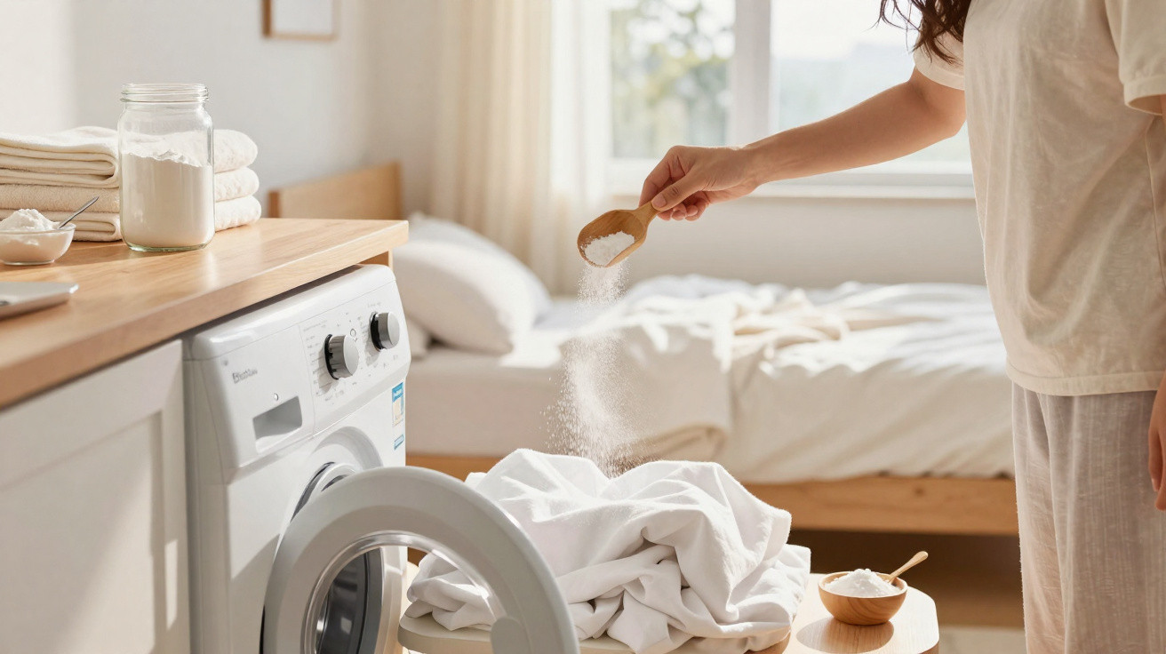 Person sprinkling detergent onto laundry in basket next to a washing machine in a bright bedroom.
