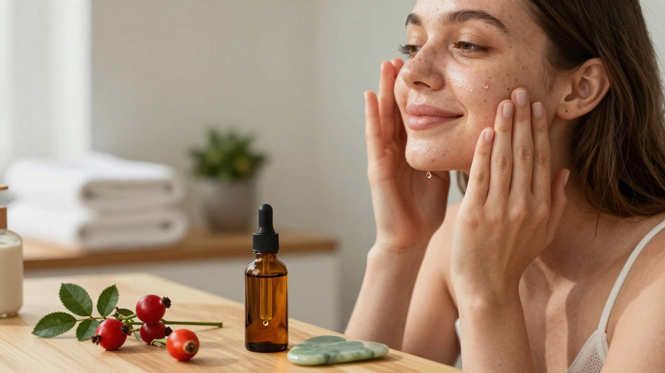 Woman applying facial serum with dropper bottle, rose hips, and skincare tools on wooden table in bright room.