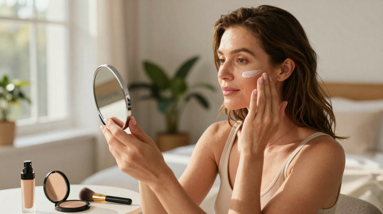 Woman applying face cream while looking in a hand mirror at a bright bedroom vanity table.