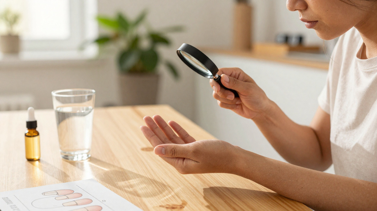 Person examining fingernail with a magnifying glass at a wooden table with a glass of water and nail chart.