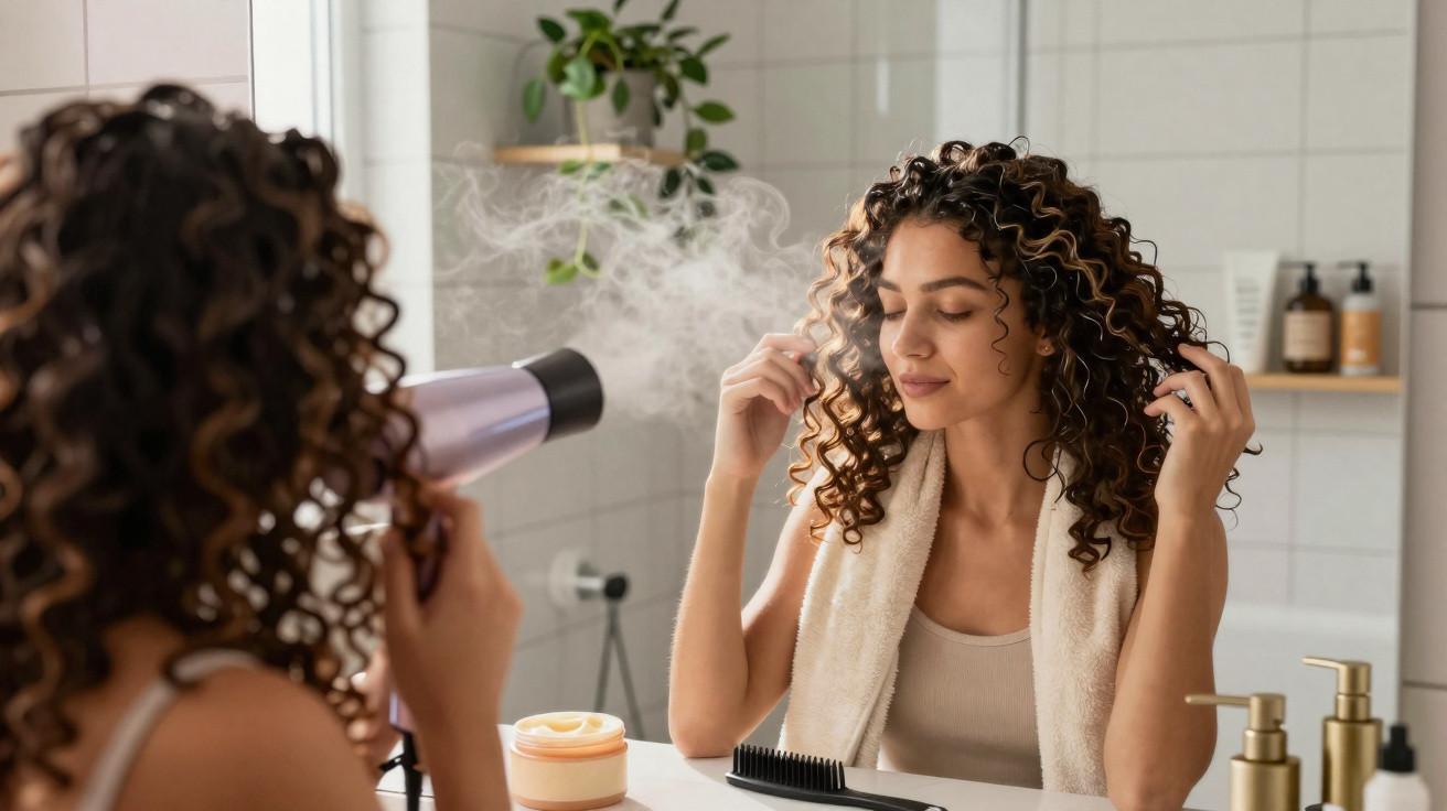 Woman with curly hair drying and styling her hair with a diffuser in a bathroom mirror reflection.