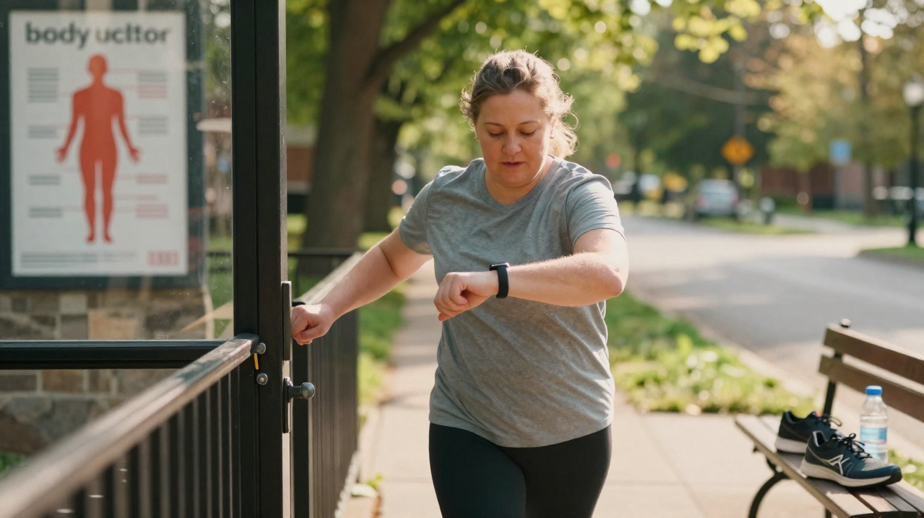 Woman in sportswear checking fitness tracker while holding a door in a sunny outdoor park setting