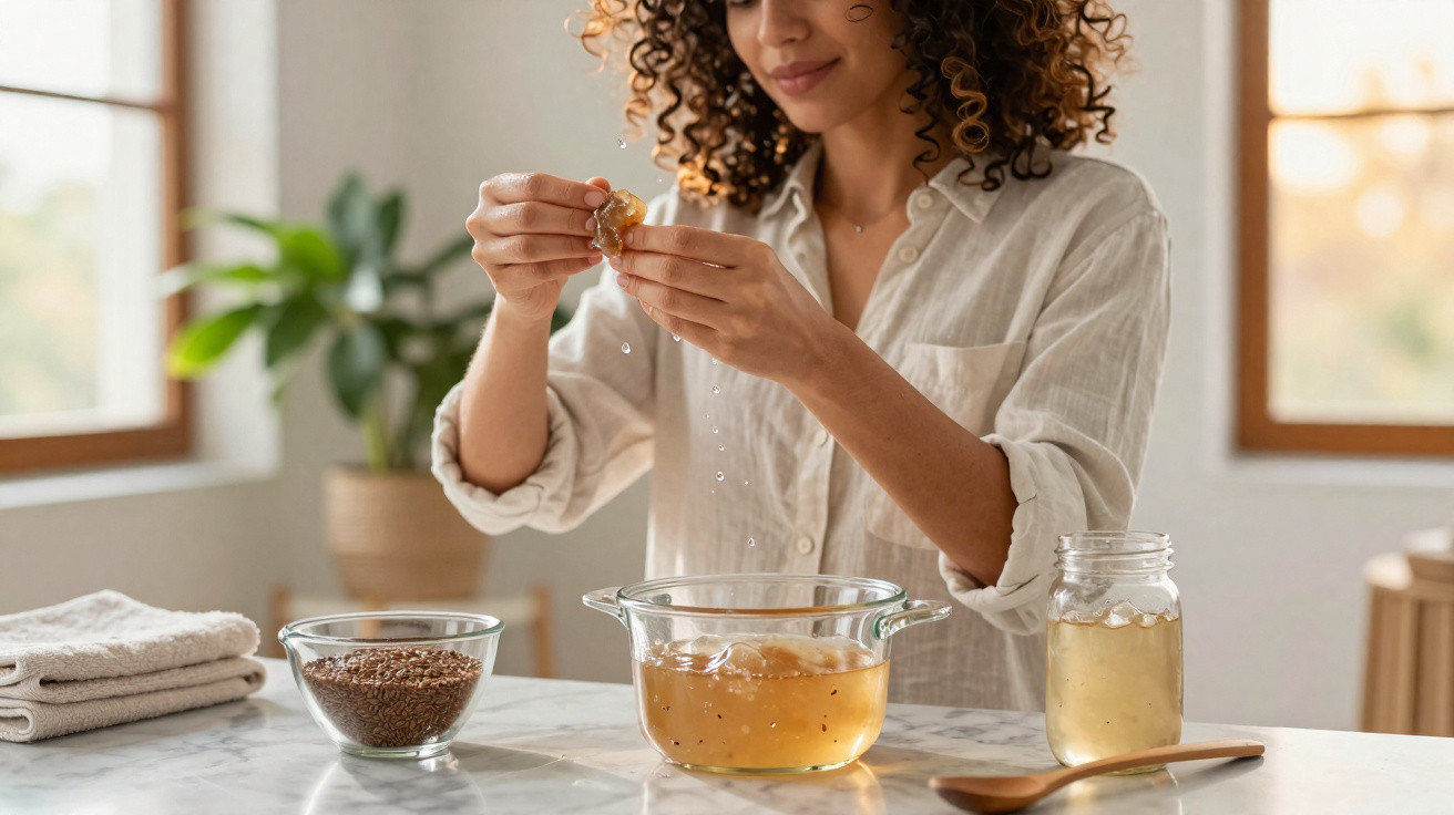 Woman squeezing honey or lemon over a glass bowl with ingredients on a kitchen counter.