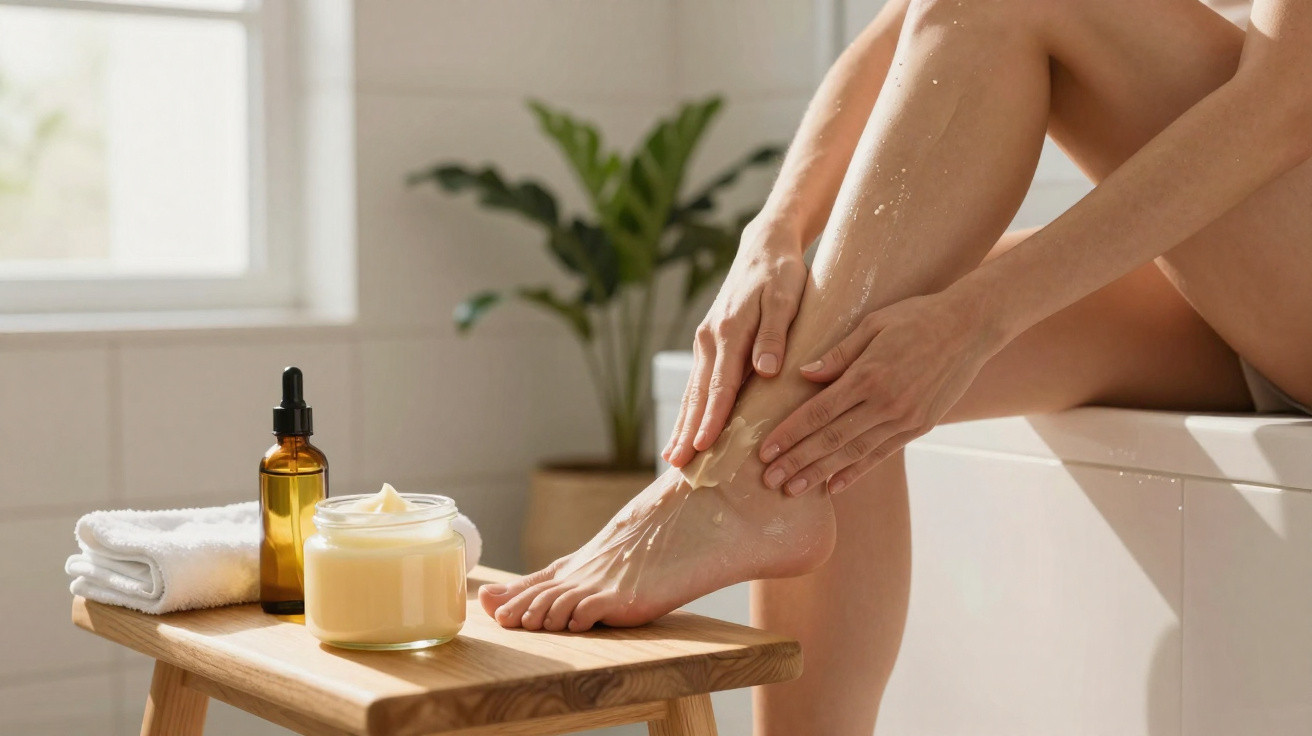 Person applying moisturising cream to wet foot near oil bottle and towel on wooden stool in bright bathroom