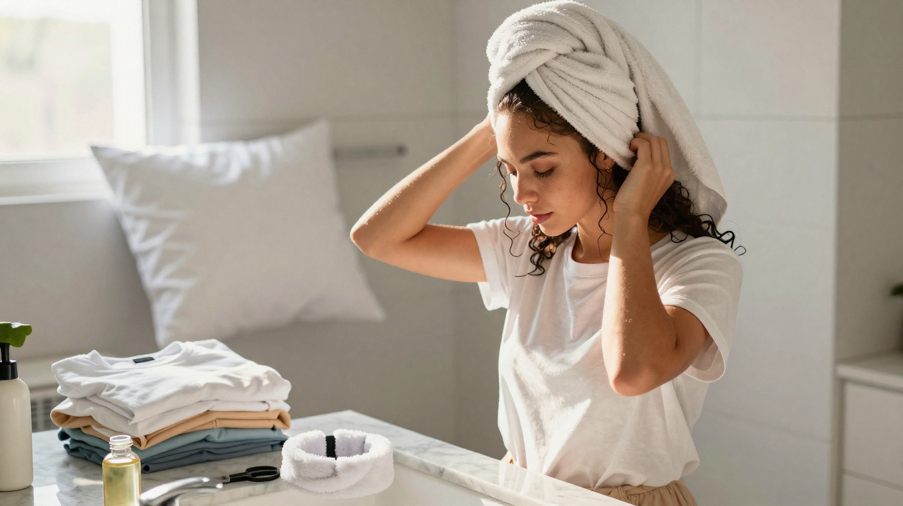 Woman with towel wrapped around her head standing at bathroom sink adjusting her hair in natural light