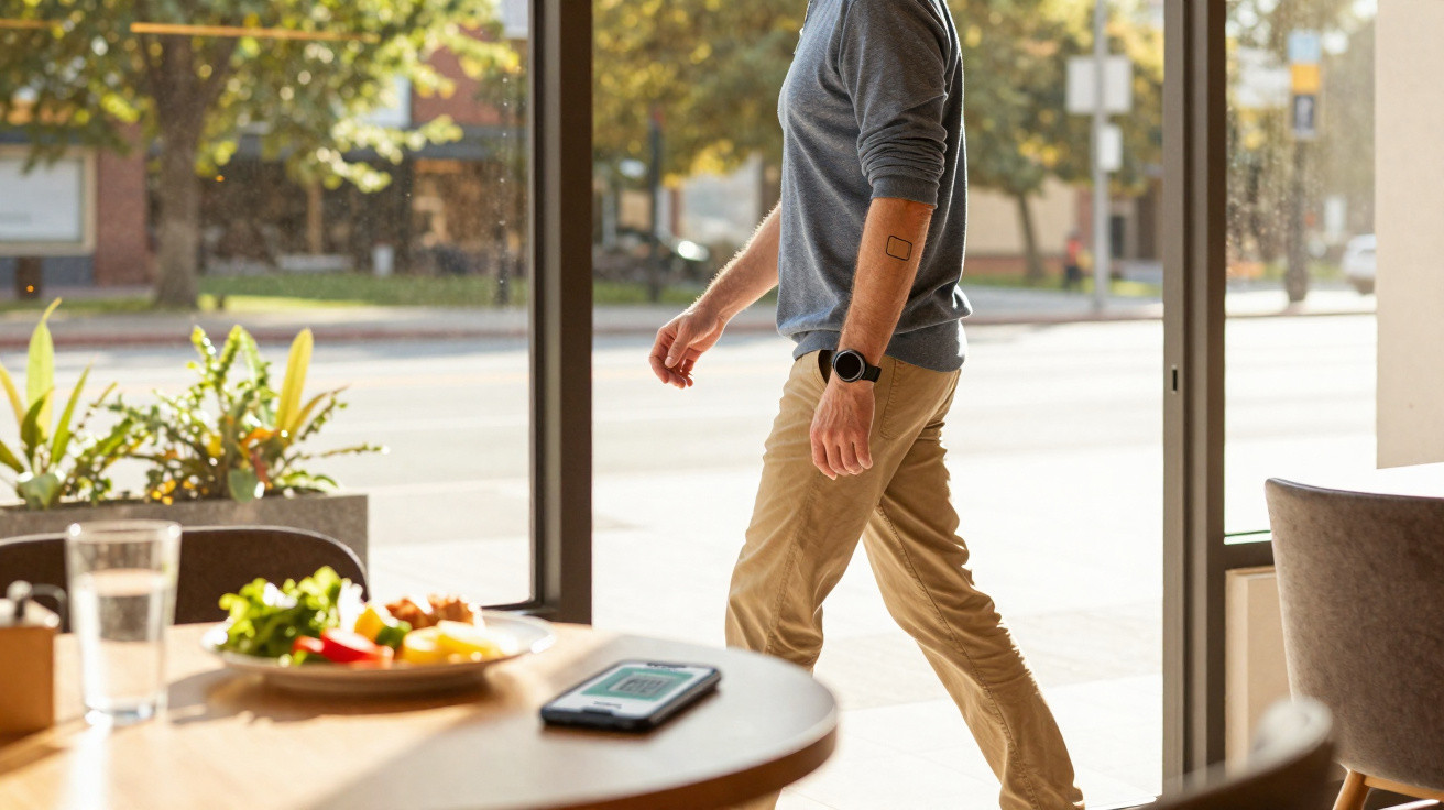 Person in casual clothes walking past a table with food and a smartphone near a glass door in daylight.