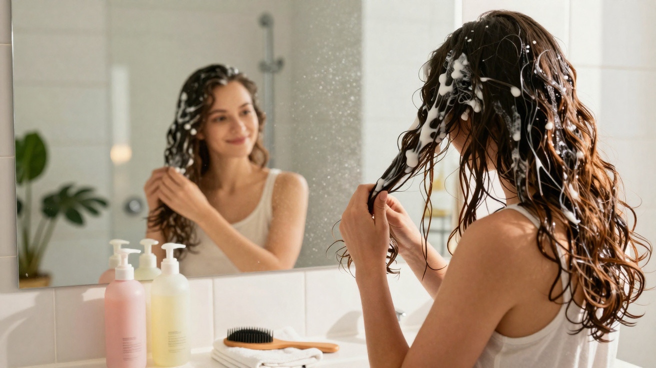 Woman applying shampoo to wet hair in bathroom, smiling at mirror reflection.