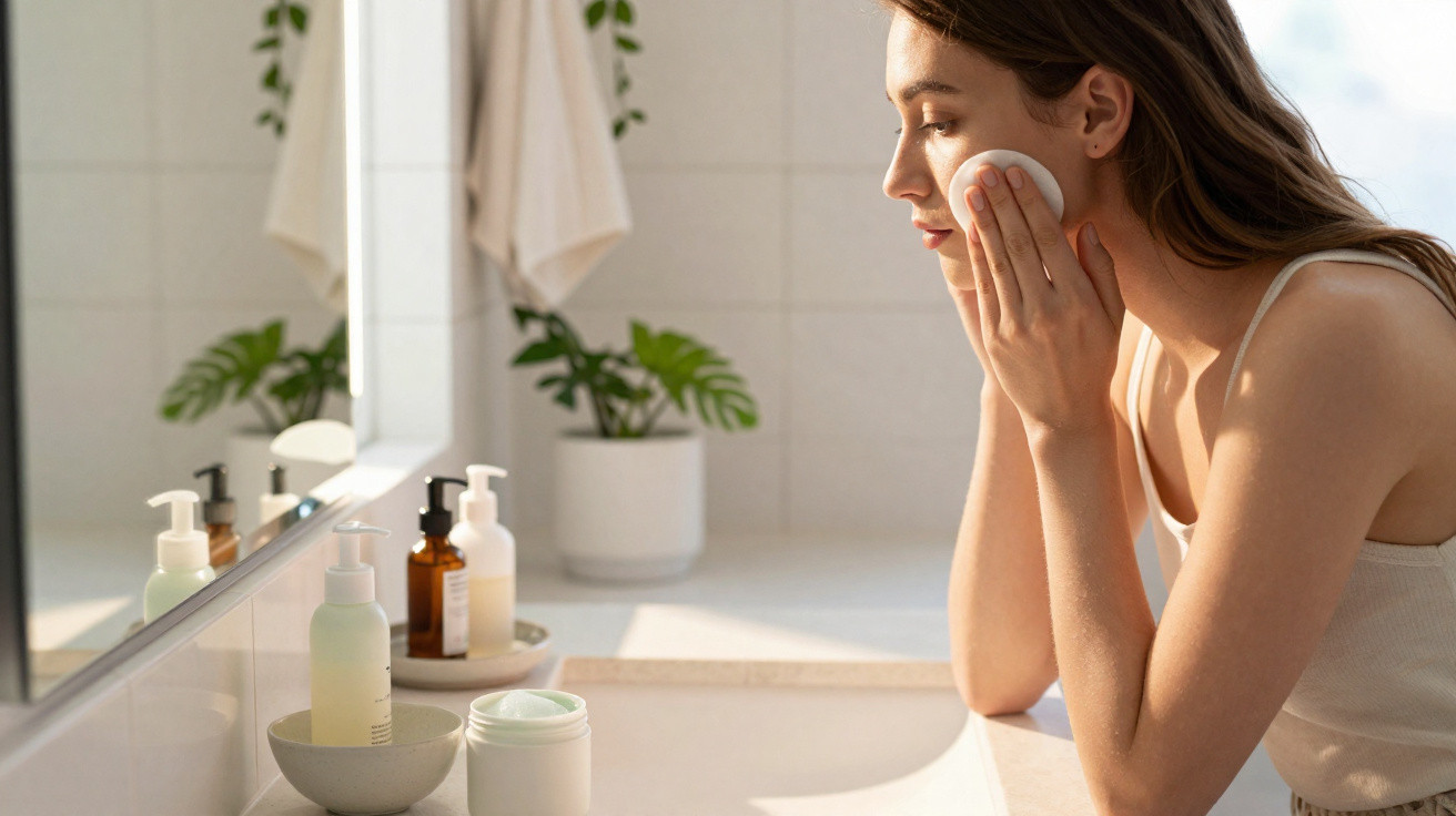 Woman applying skincare with a cotton pad in a bright bathroom with plants and skincare products on the counter.