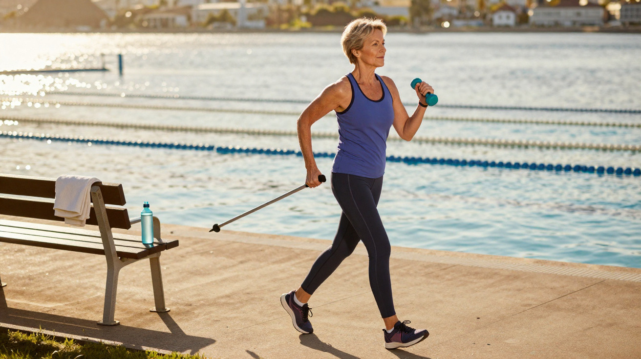 Fit woman in sportswear using walking poles and dumbbells by a lakeside on a sunny day.