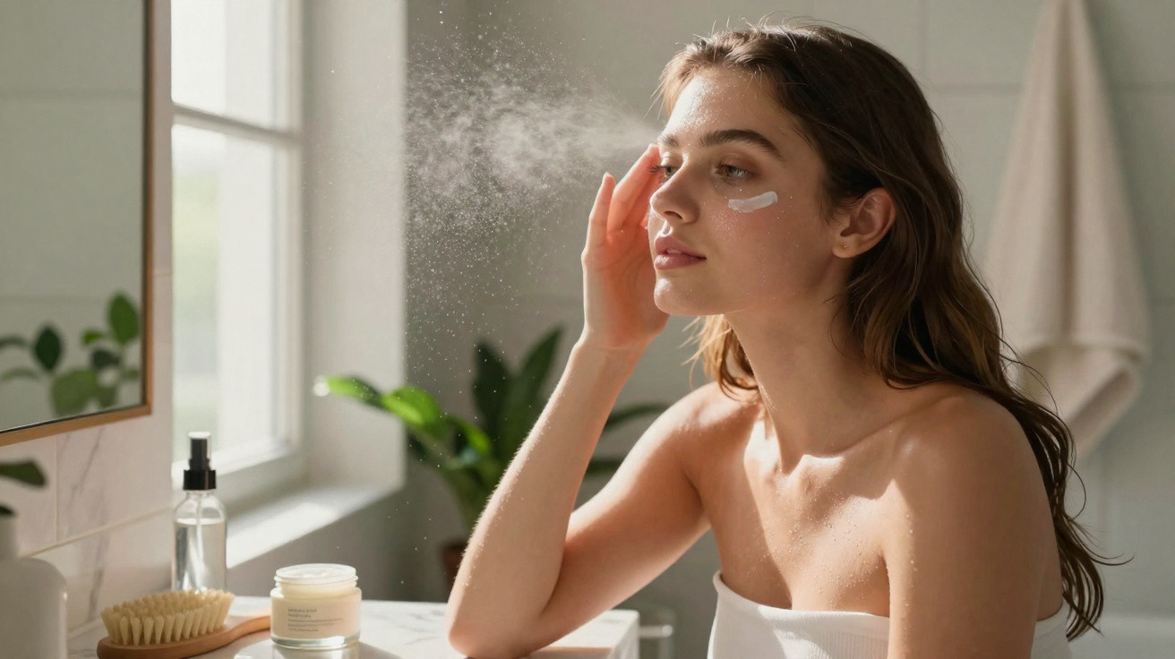 Young woman applying face cream in bright bathroom with plants and natural light