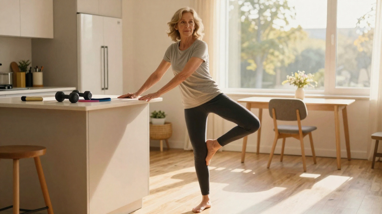 Middle-aged woman in workout clothes stretching leg using kitchen counter in bright home.