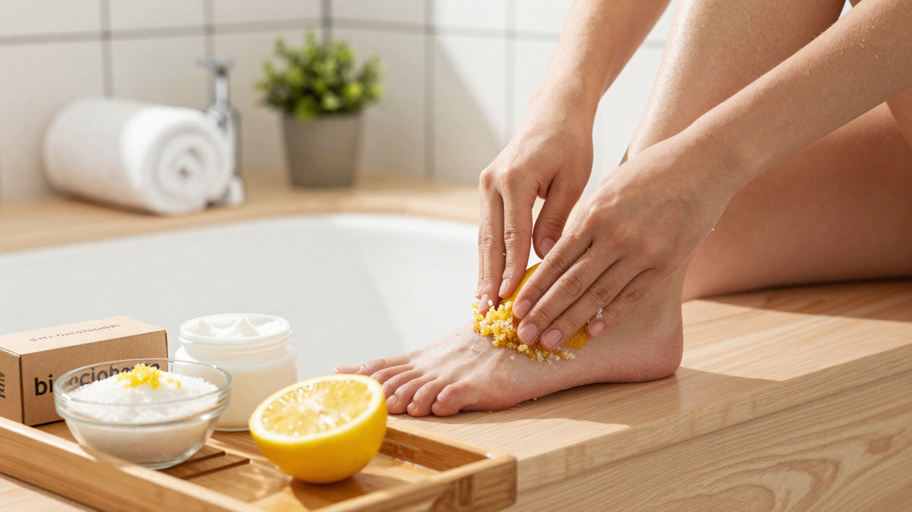 Person exfoliating foot with lemon and scrub next to skincare products by a bathtub in a bathroom.