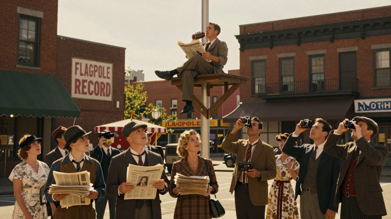 A man sits on a tall platform drinking beer and reading a newspaper while others below watch and take photos.