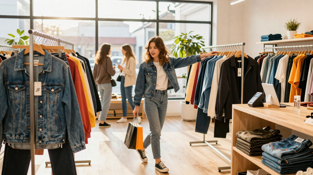 Young woman in denim jacket shopping for clothes in a bright store with racks of colourful garments and other shoppers.