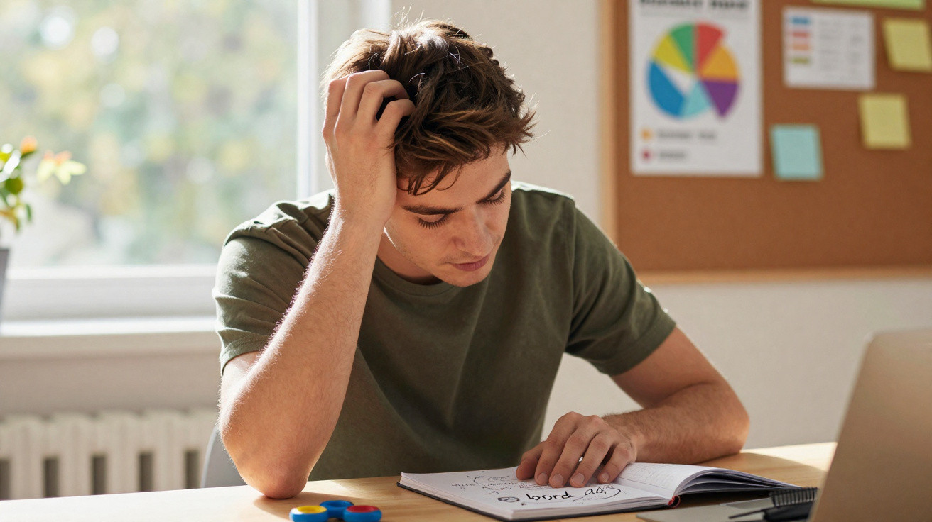 Young man scratching his head while looking at notes in a notebook at a desk near a window.