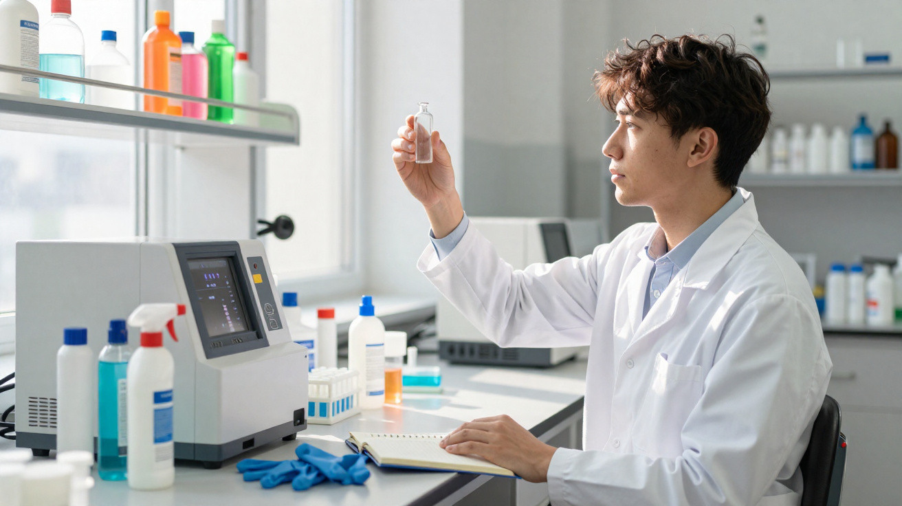 Scientist in a lab coat examining a clear liquid in a small vial in a bright laboratory.