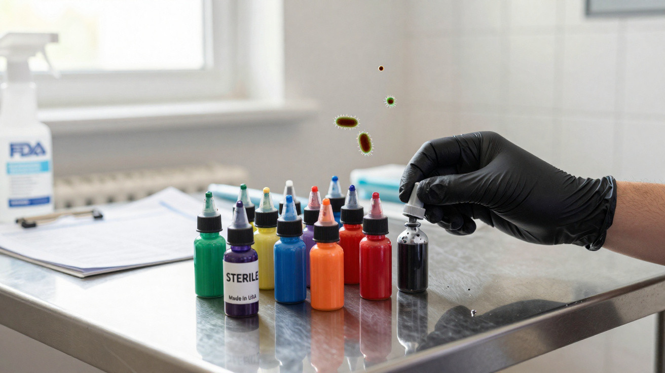 Hand wearing black glove holding black ink bottle near various coloured sterile ink bottles on metal table.