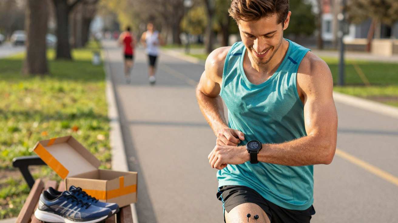Man in sportswear checking fitness watch while running in a park with shoes on a bench nearby.