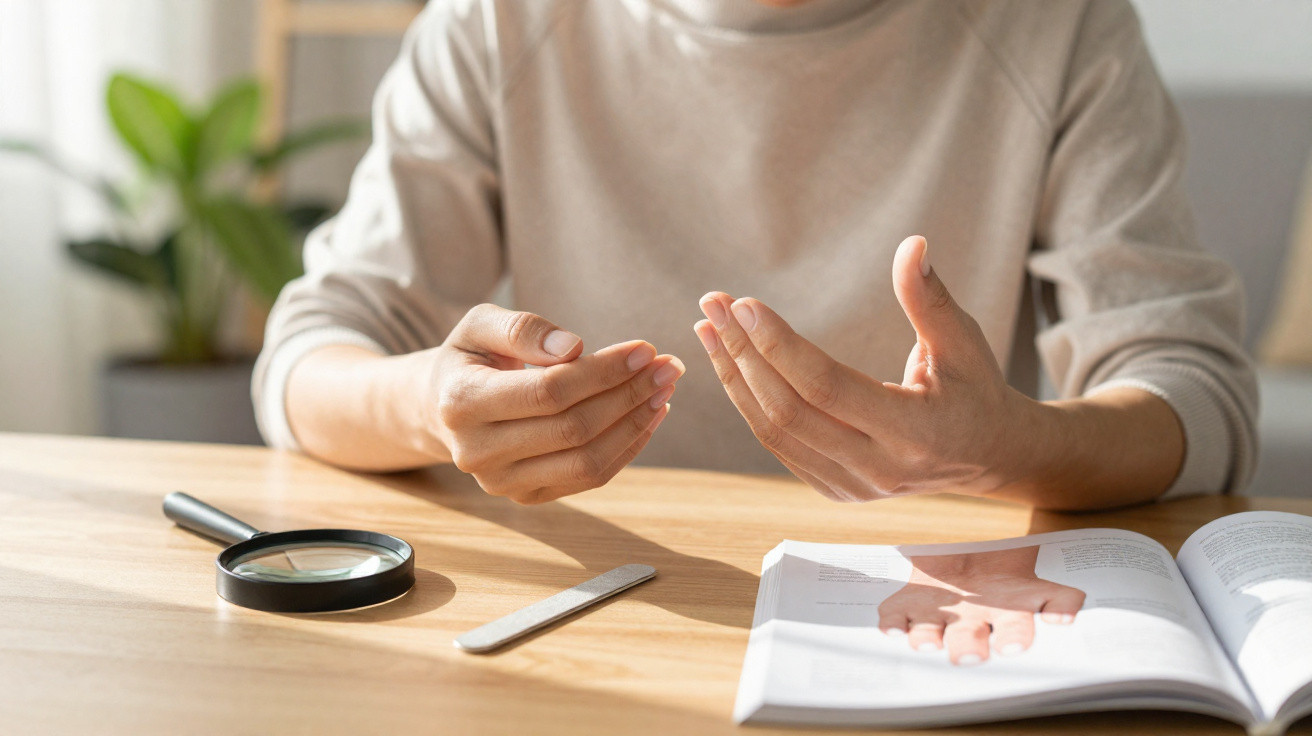 Person examining fingernails with magnifying glass and nail file on a wooden table next to an open book.