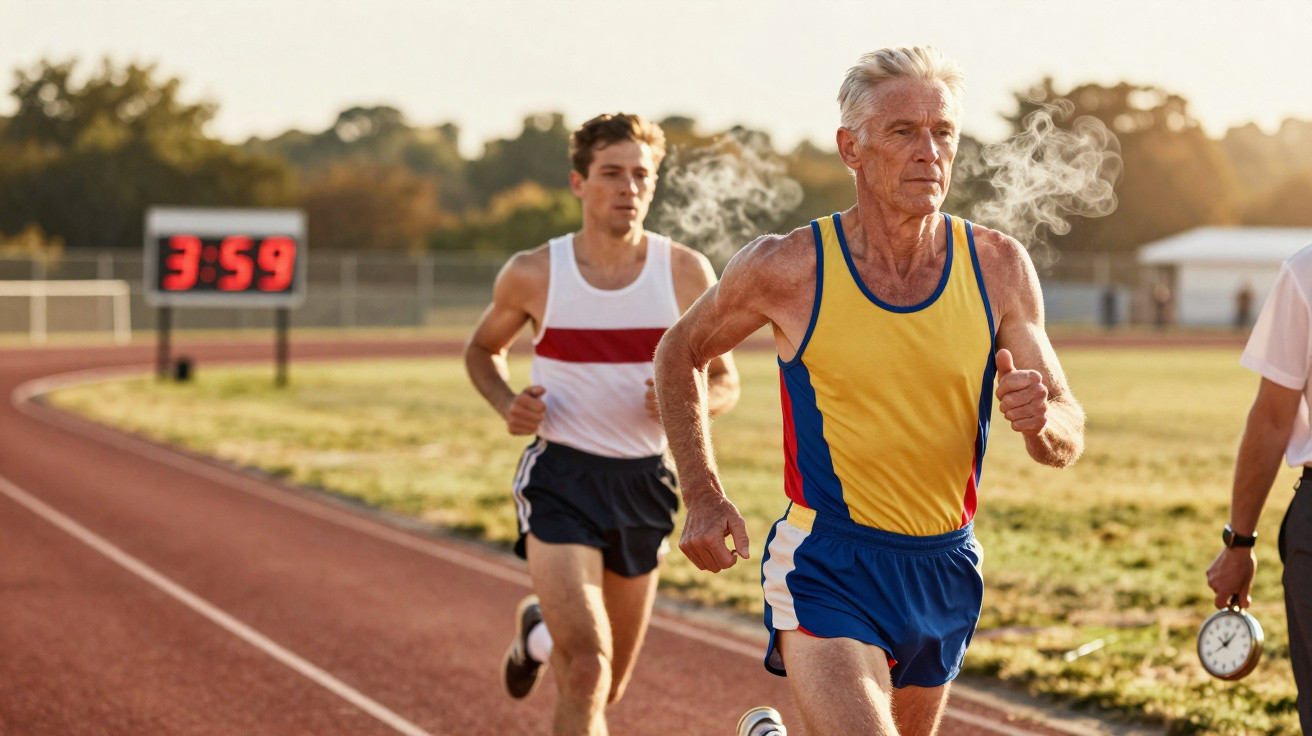 Older and younger male runners competing on a track with a digital timer showing 3:59 in the background.