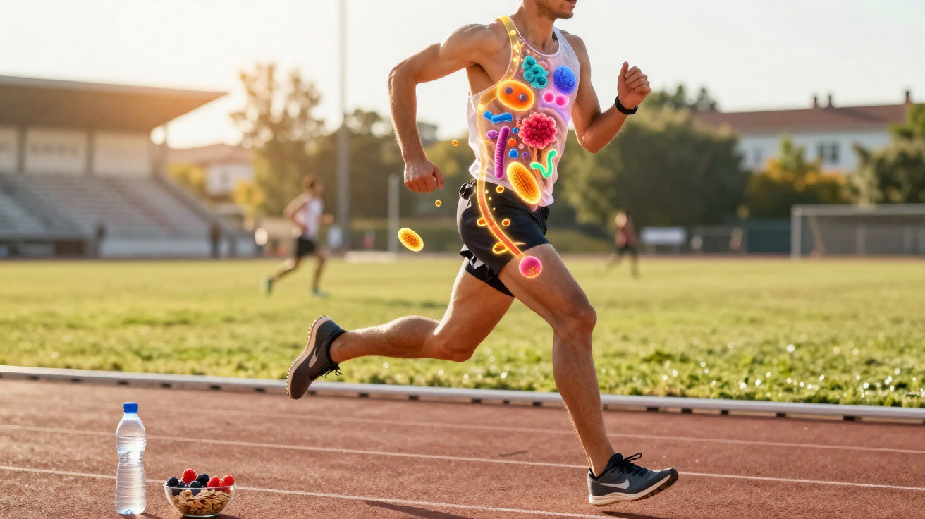 Man running on track with digital illustrations of gut microbes and digestive system on his torso.
