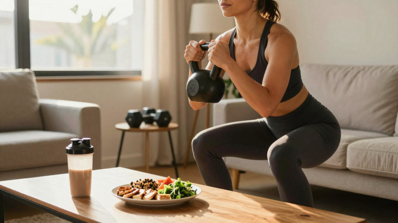 Woman in sportswear squatting while holding a kettlebell in a living room with healthy food and drink on a table.