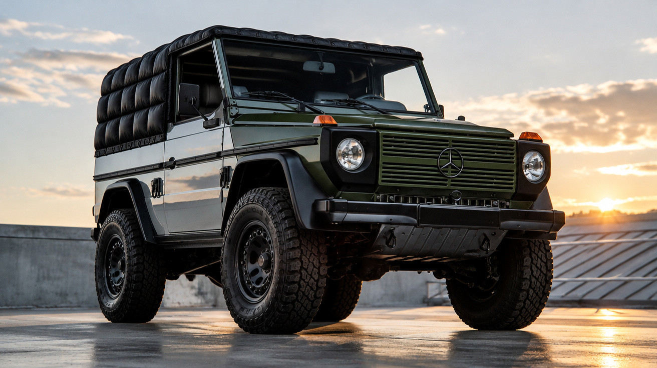 Classic black Mercedes-Benz G-Wagon with rugged tyres parked on a rooftop at sunset.