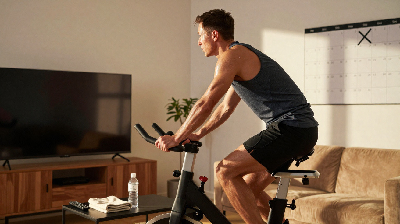 Man in sportswear exercising on a stationary bike in a living room with a large calendar on the wall.