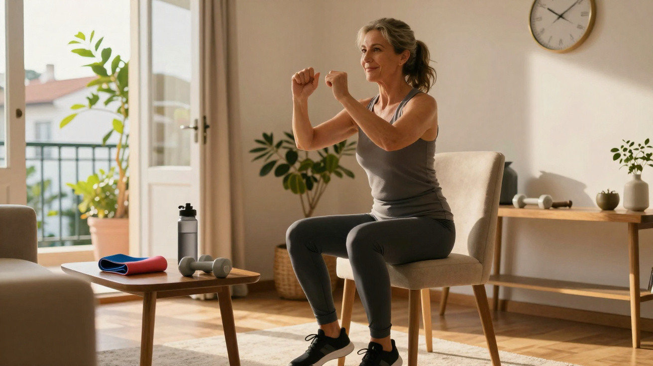 Middle-aged woman in grey activewear exercising with chair in bright living room with plants and dumbbells nearby.
