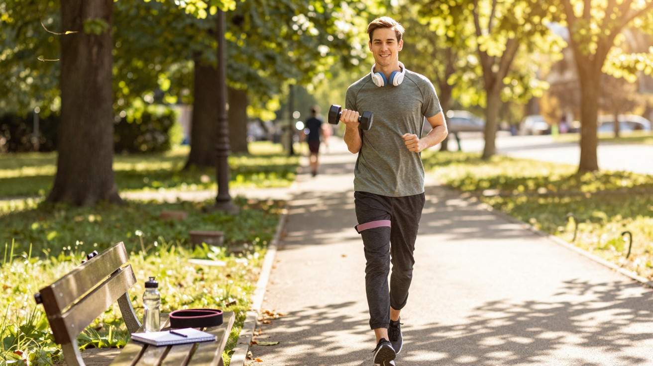 Young man jogging in park with dumbbell, wearing headphones and resistance band around thigh.