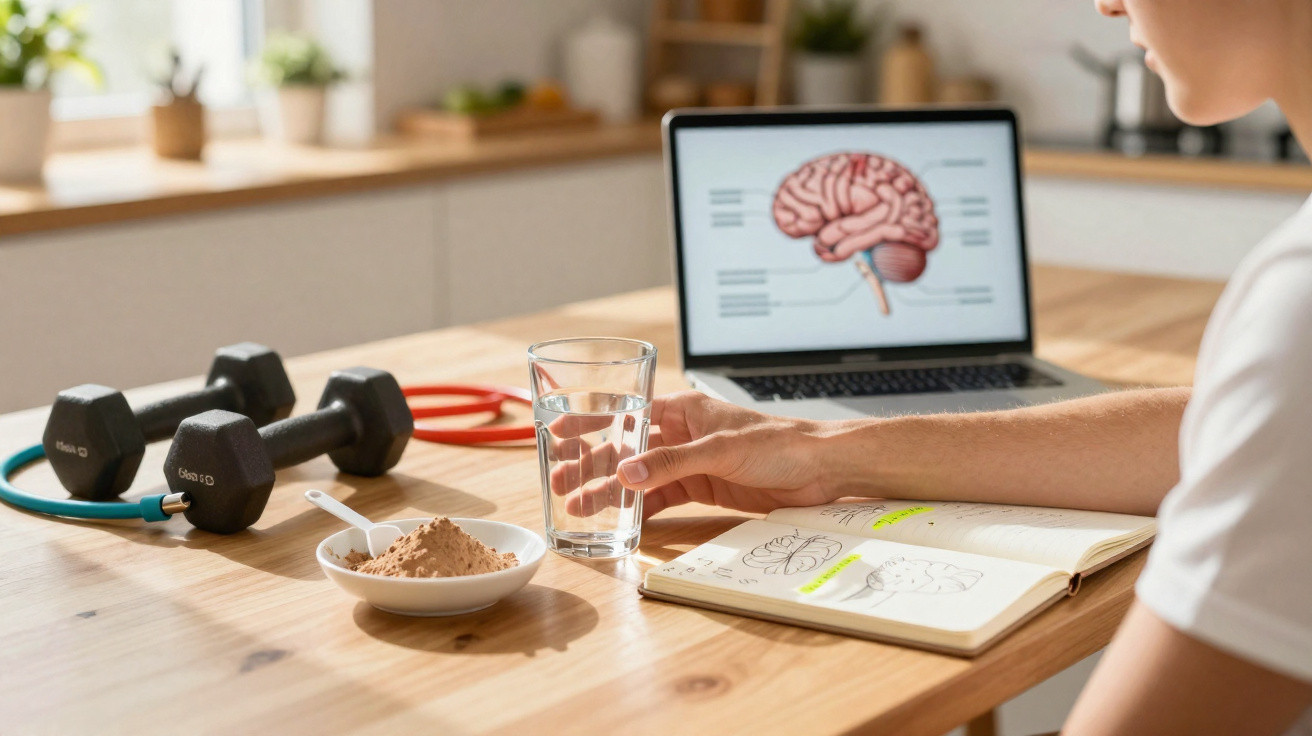 Person holding a glass of water near protein powder, dumbbells, resistance bands, and a brain diagram on a laptop.