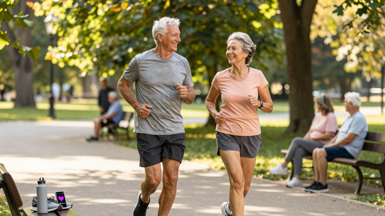 Senior man and woman jogging together in a sunny park with people sitting on benches in the background.
