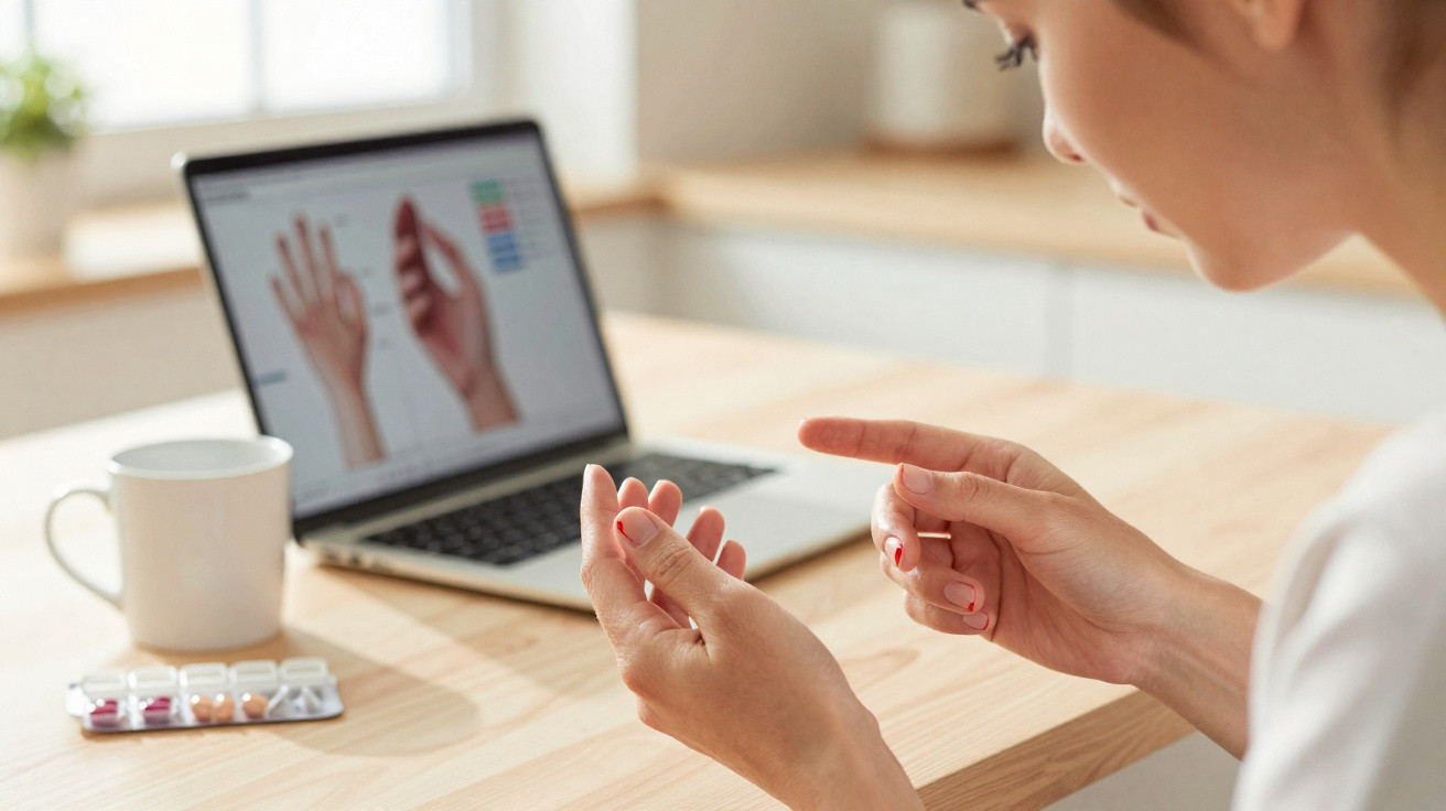 Woman examining her fingers with a laptop showing hand diagrams and medication on the table.