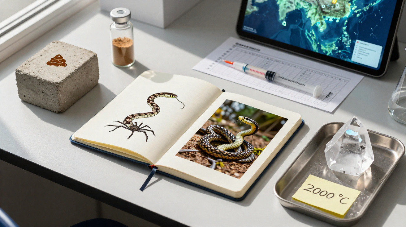Desk with open book showing snake and spider drawing, snake photo, syringe, tablet, vial, crystal, and concrete block with po