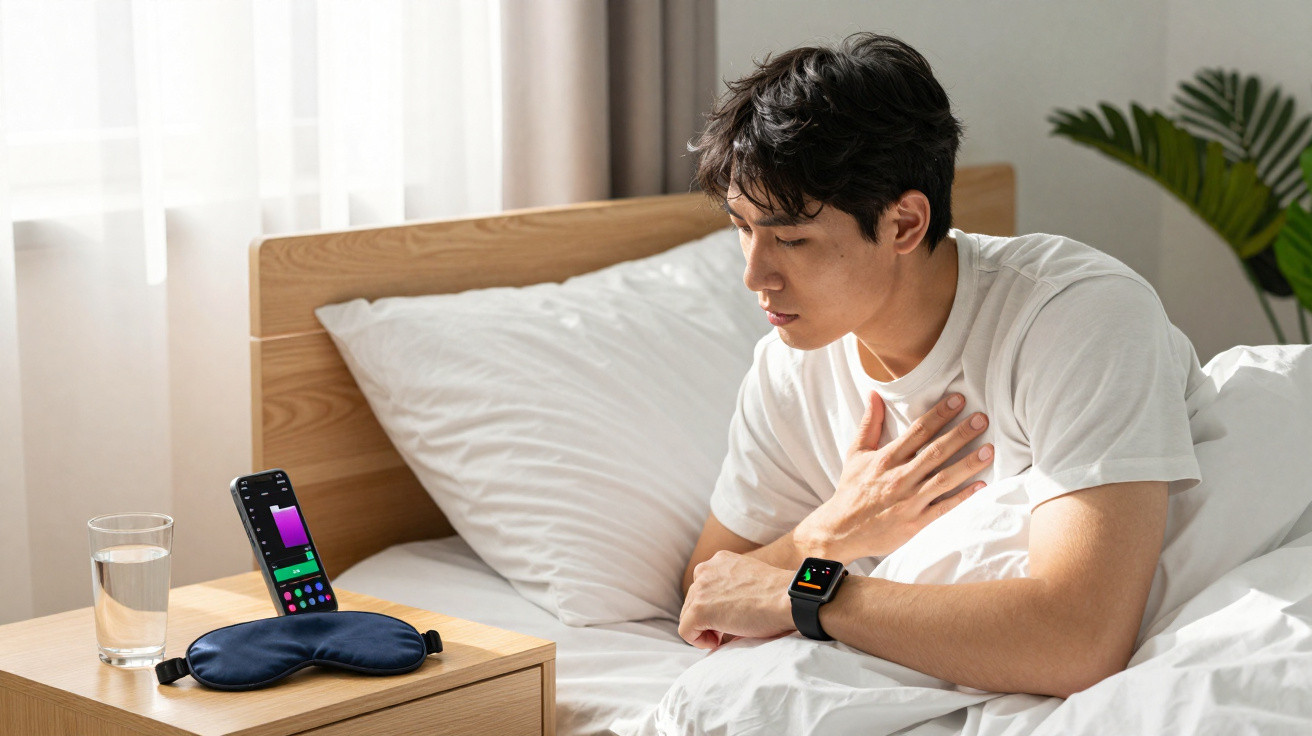 Young man in bed monitoring heart rate on smartwatch while smartphone displays health app on bedside table