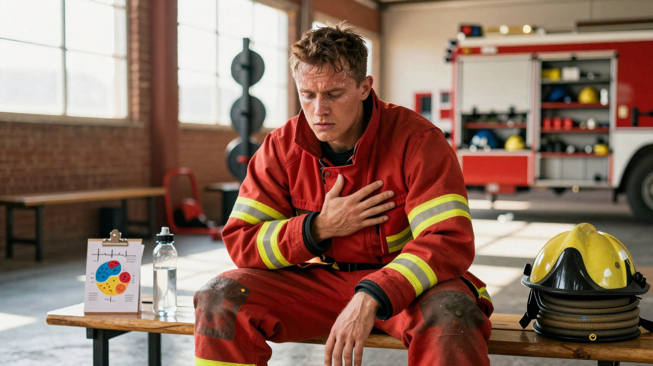 Tired firefighter in dirty uniform sitting on bench, holding chest, with helmets and fire truck in background.