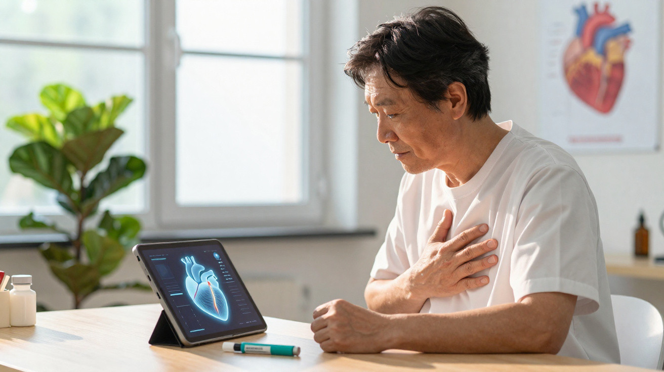 Middle-aged man clutching chest while viewing a heart scan on a tablet in a bright medical room.