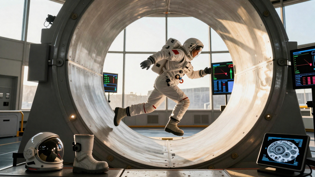 Astronaut in suit running inside a large metal training wheel in a space simulation room with monitors.