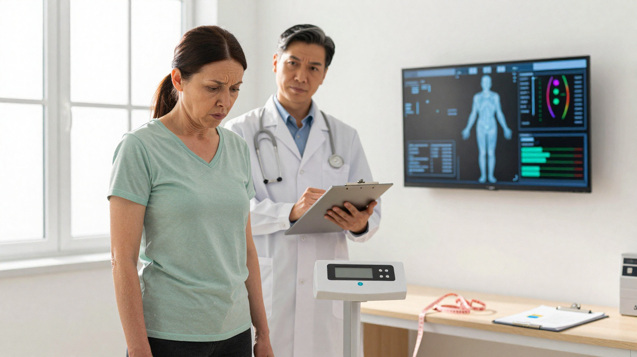 Woman looking concerned while standing on a medical scale with a doctor observing and taking notes behind her.