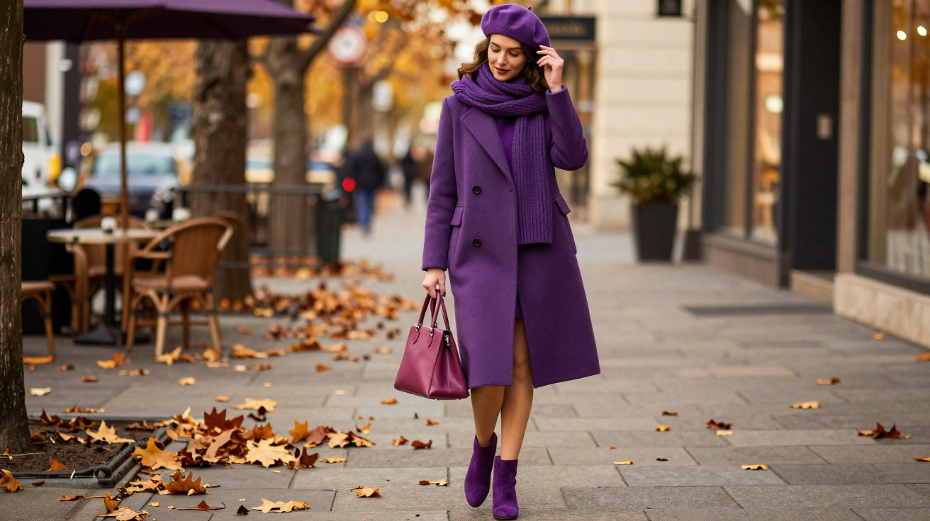 Woman in purple coat, scarf, and beret walking on a city street with autumn leaves on the ground.