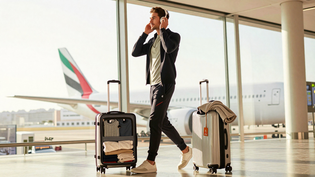 Young man wearing headphones walking with two suitcases inside an airport terminal near a large window and airplane.