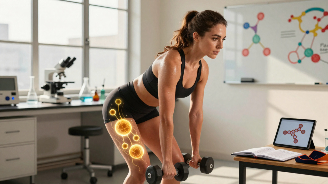 Woman exercising with dumbbells in a lab, highlighting muscles and joints in her leg with digital effects.