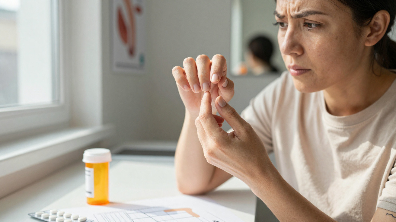 Woman inspecting finger pain with pills and prescription bottle on table by window.