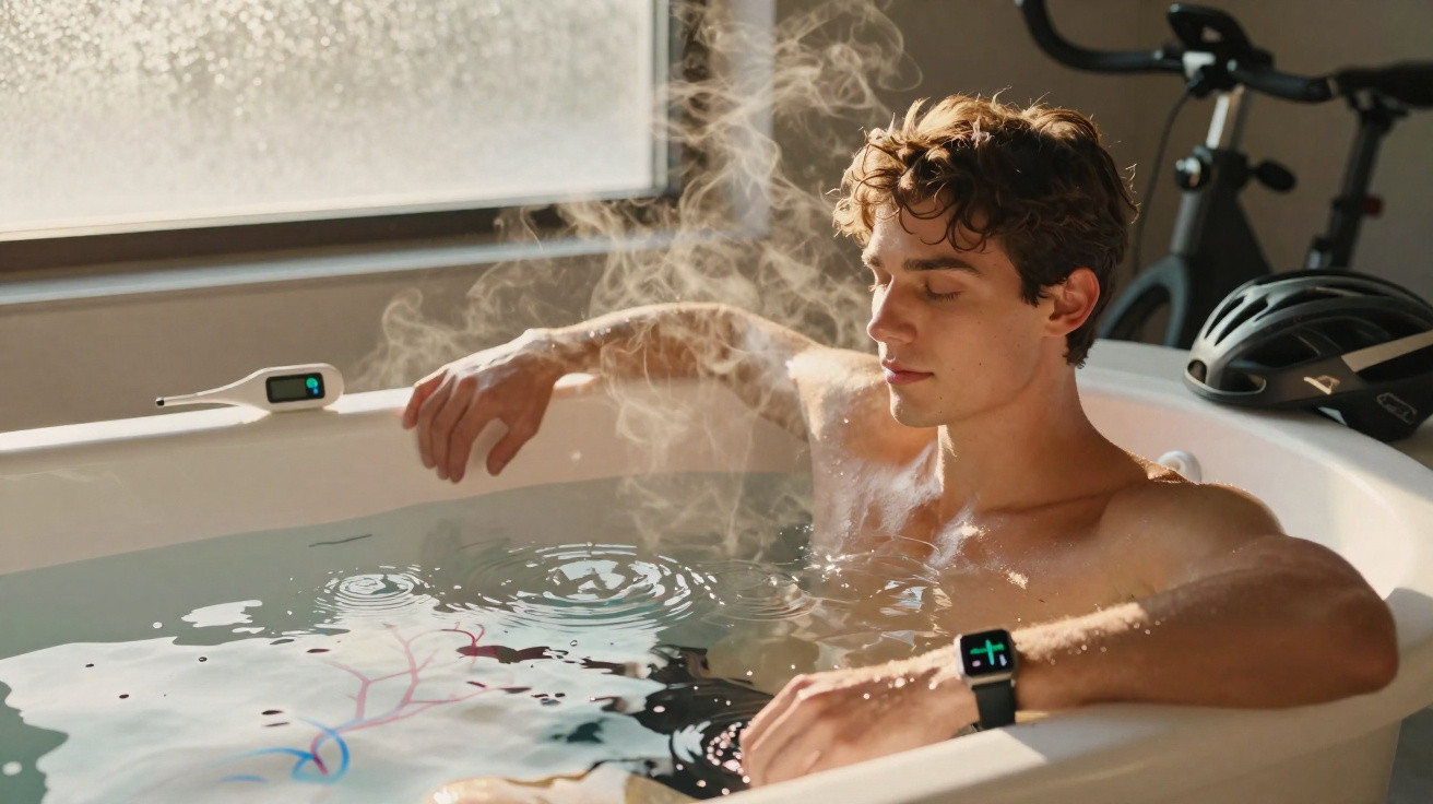 Young man relaxing in a steaming bathtub with a digital thermometer and exercise bike in the background.