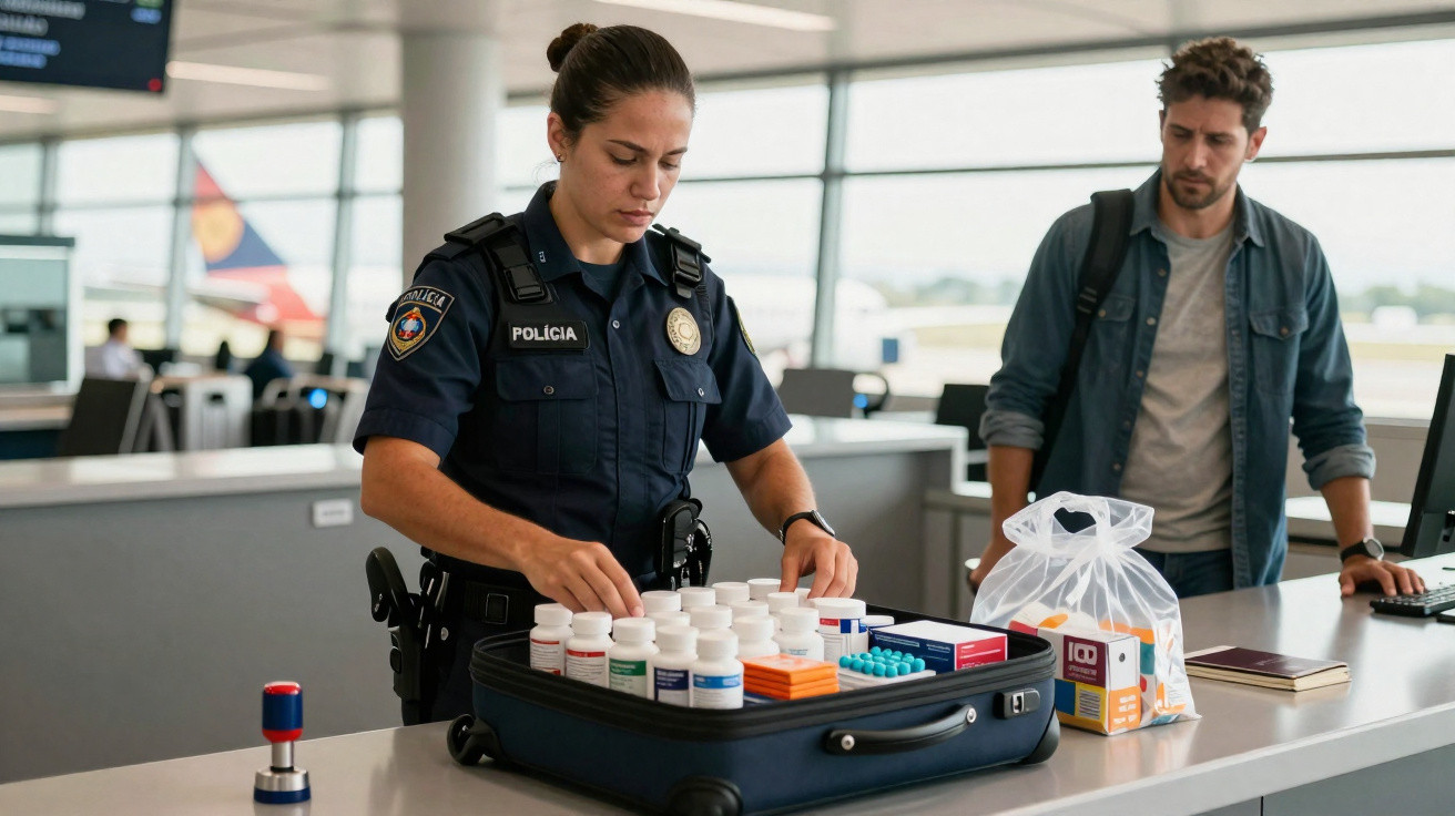 Police officer inspects multiple medication bottles in an open suitcase at an airport security checkpoint.